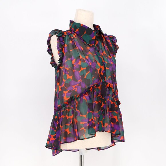 INCLAN STUDIO 100% Silk Ruffle Sleeve Sheer Purple Multi High-Low Blouse Size S - Picture 2 of 10